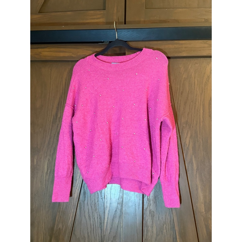 Cece Crew Neck Sweater Bold Hot Pink W/ Rhinestones Women's Sz. M EUC
